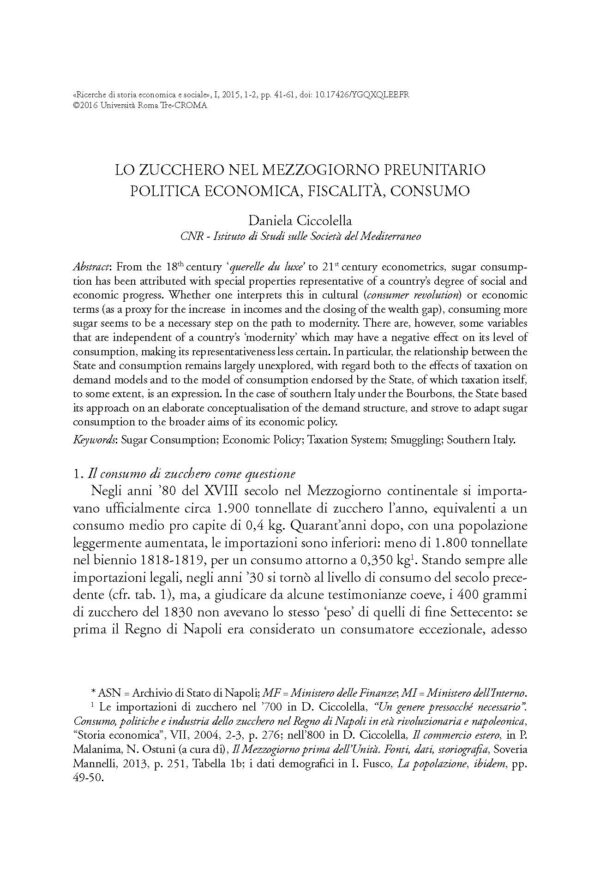 Lo zucchero nel Mezzogiorno preunitario: politica economica, fiscalità, consumo