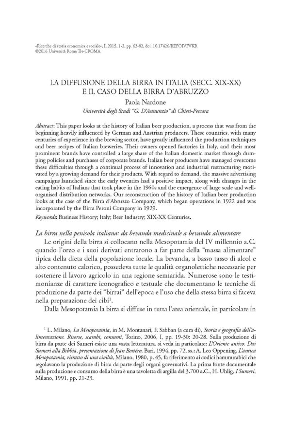 La diffusione della birra in Italia (secc. XIX-XX) e il caso della Birra d'Abruzzo