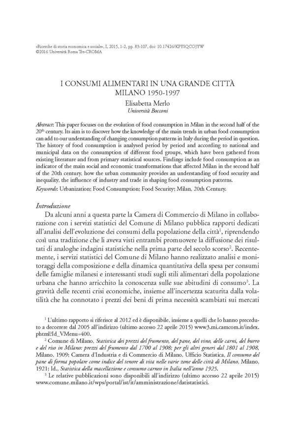 I consumi alimentari in una grande città. Milano 1950-1997