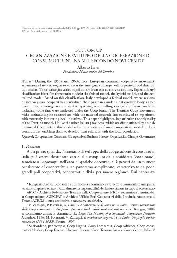 Bottom up. Organizzazione e sviluppo della cooperazione di consumo trentina nel secondo Novecento
