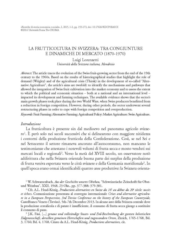 La frutticoltura in Svizzera: tra congiunture e dinamiche di mercato (1870-1970)
