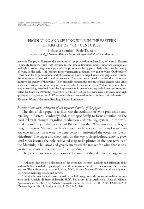 Producing and Selling Wine in the Eastern Lombardy (19th-21st centuries)