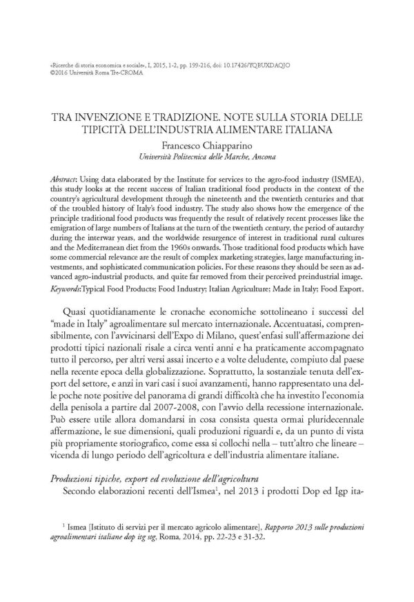 Tra invenzione e tradizione. Note sulla storia delle tipicità dell'industria alimentare italiana