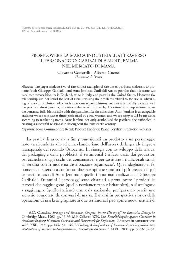 Promuovere la marca industriale attraverso il personaggio: Garibaldi e Aunt Jemina nel mercato di massa