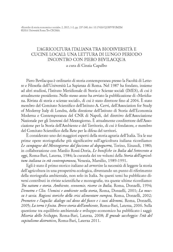 L'agricoltura italiana tra biodiversità e cucine locali: una lettura di lungo periodo. Incontro con Piero Bevilacqua