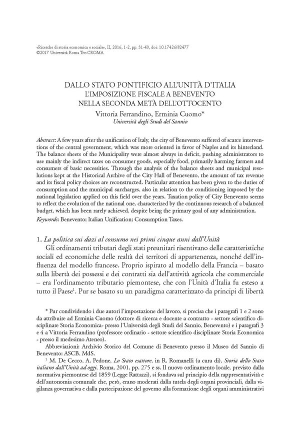 Dallo Stato Pontificio all'Unità d'Italia. L'imposizione fiscale a Benevento nella seconda metà dell'Ottocento