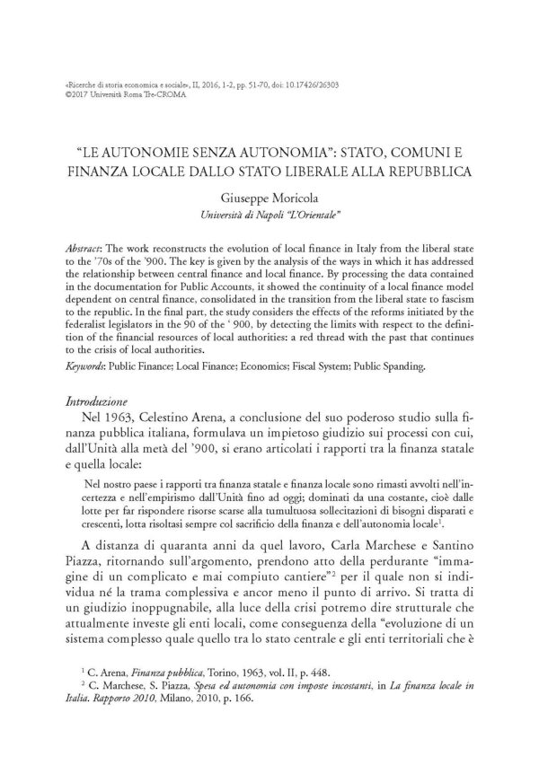 "Le autonomie senza autonomia": stato, comuni e finanza locale dallo stato liberale alla repubblica