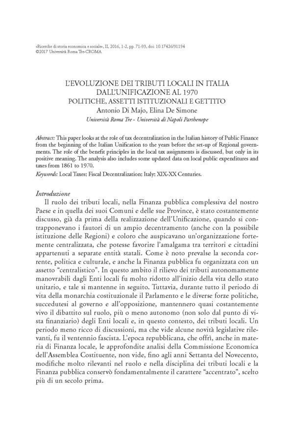 L'evoluzione dei tributi locali in Italia dall'Unificazione al 1970: politiche, assetti istituzionali e gettito