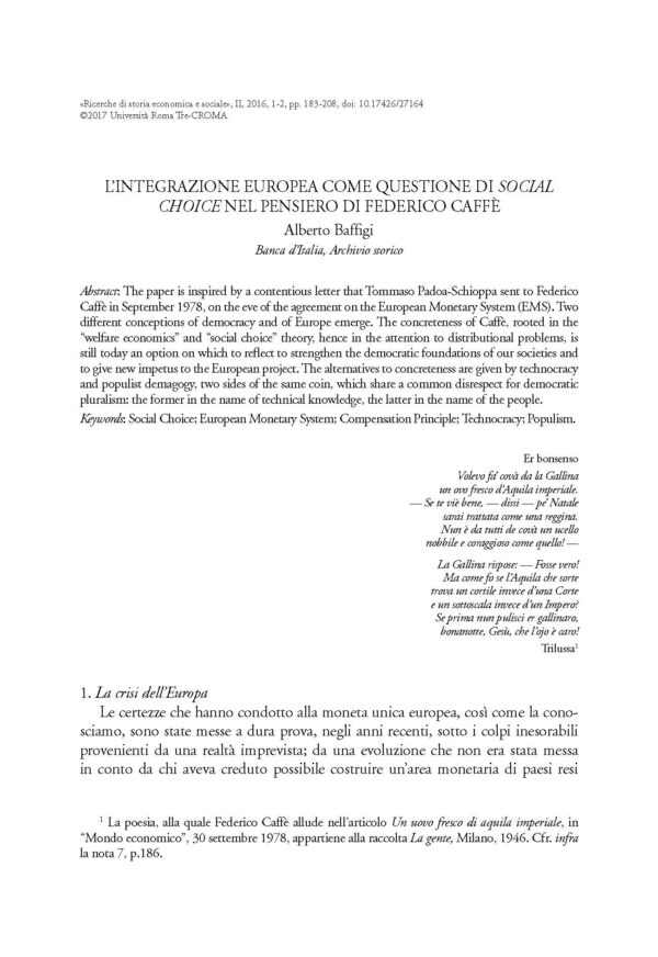 L'integrazione europea come questione di social choice nel pensiero di Federico Caffè