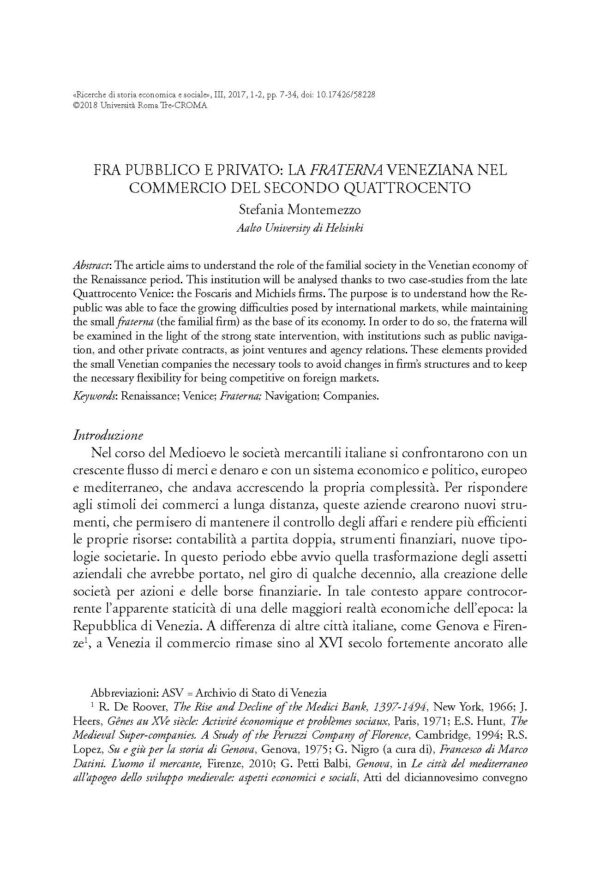 Fra pubblico e privato: la fraterna veneziana nel commercio del secondo Quattrocento