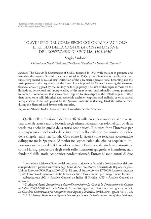 Lo sviluppo del commercio coloniale spagnolo. Il ruolo della Casa de la Contratación e del Consulado di Siviglia, 1503-1650