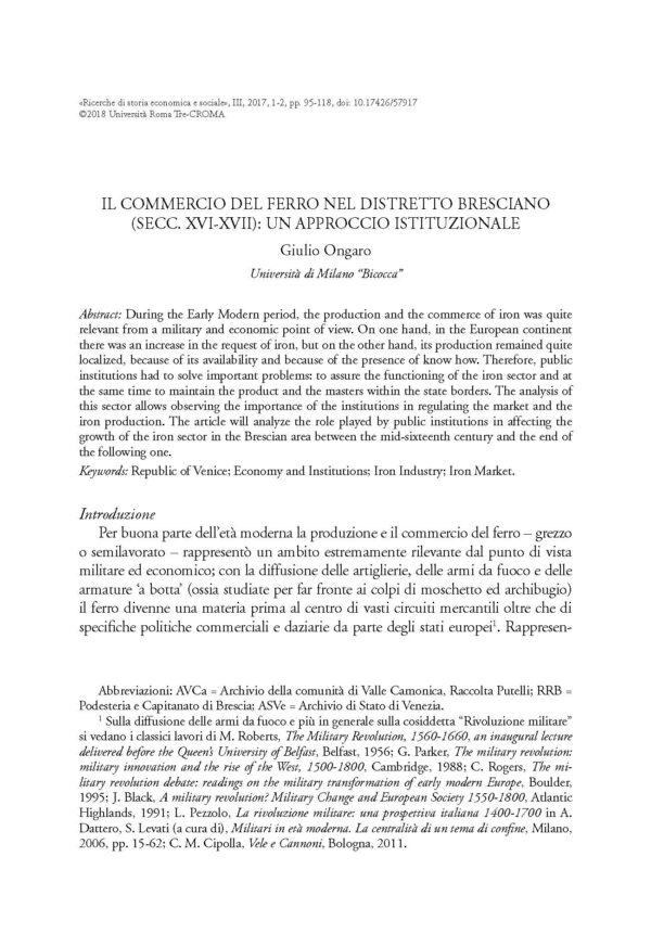 Il commercio del ferro nel distretto bresciano (secc. XVI-XVII): un approccio istituzionale