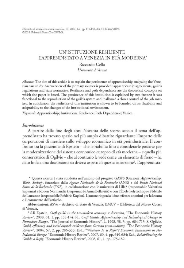 Un’istituzione resiliente: l’apprendistato a Venezia in età moderna