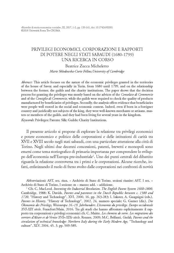 Privilegi economici, corporazioni e rapporti di potere negli stati sabaudi (1680-1799): una ricerca in corso