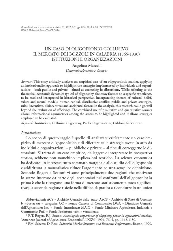 Un caso di oligopsonio collusivo. Il mercato dei bozzoli in Calabria (1865-1930): istituzioni e organizzazioni
