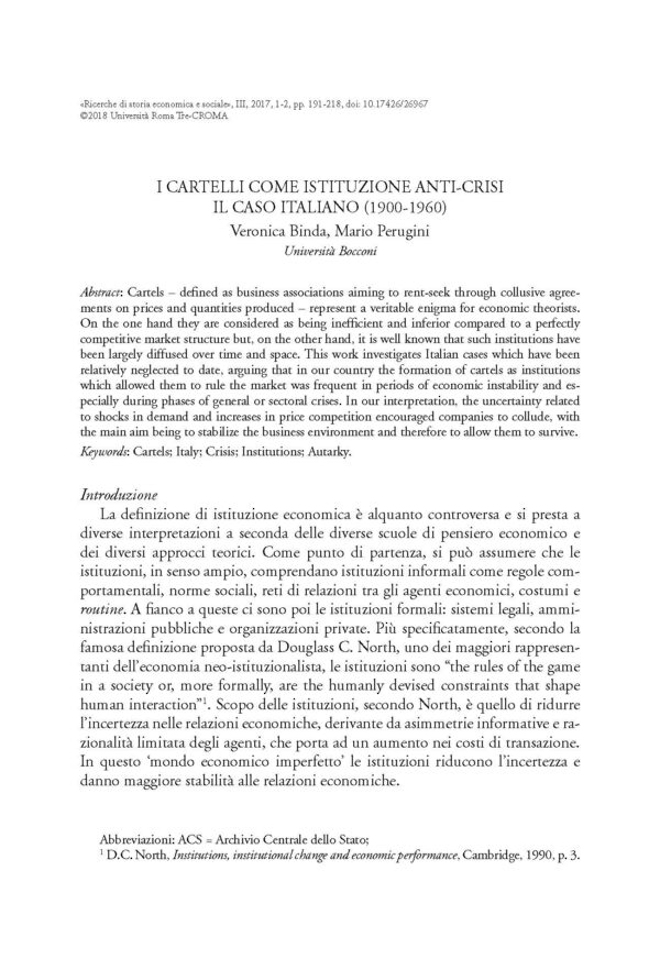 I cartelli come istituzione anti-crisi. Il caso italiano (1900-1960)