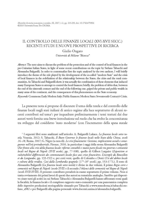 Il controllo delle finanze locali (XVI-XVII secc.): recenti studi e nuove prospettive di ricerca