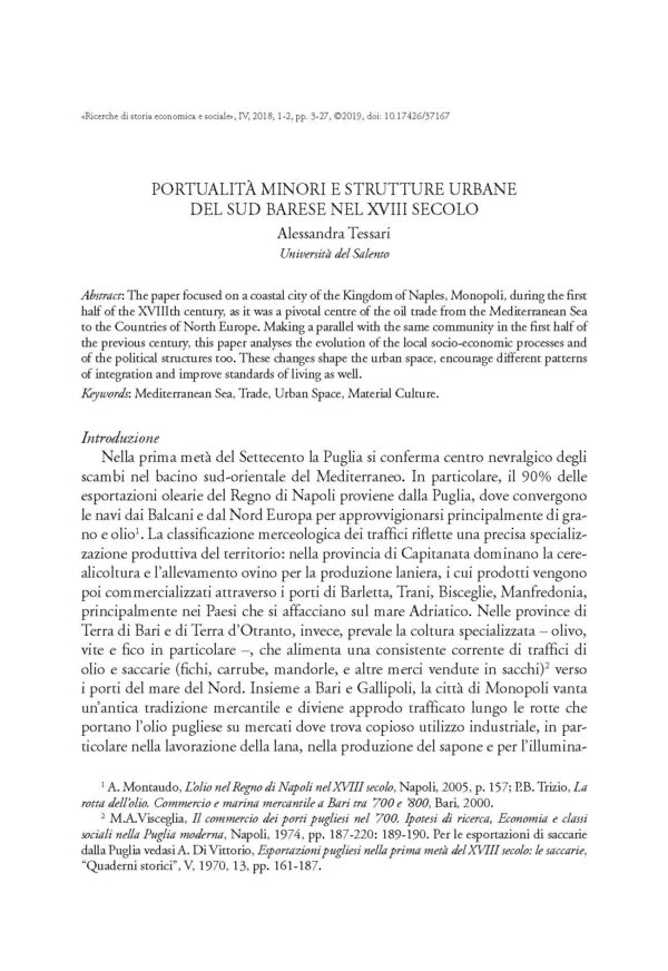 Portualità minori e strutture urbane del sud barese nel XVIII secolo