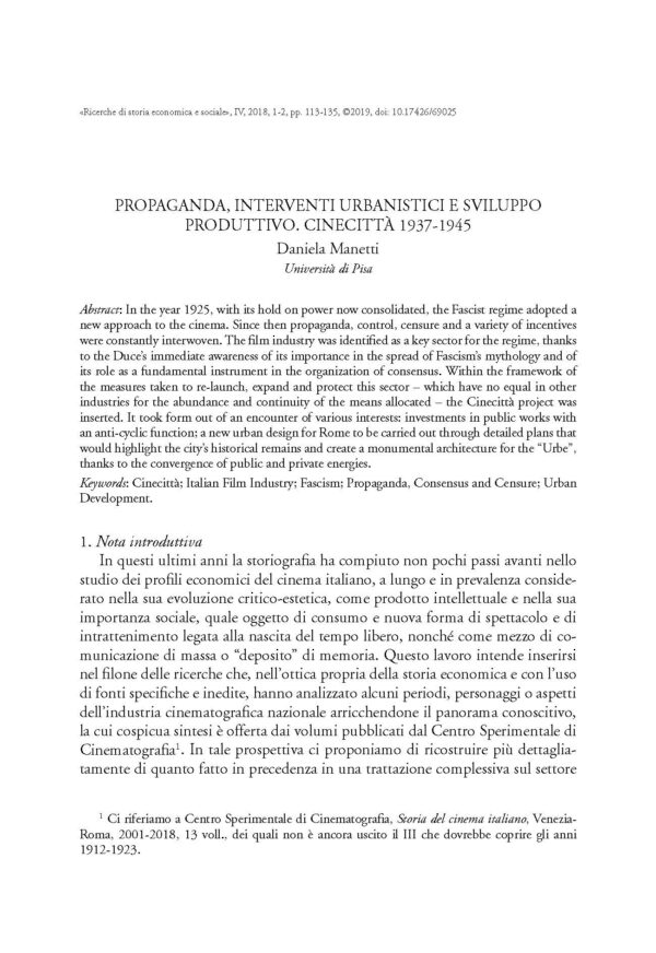 Propaganda, interventi urbanistici e sviluppo produttivo. Cinecittà 1937-1945