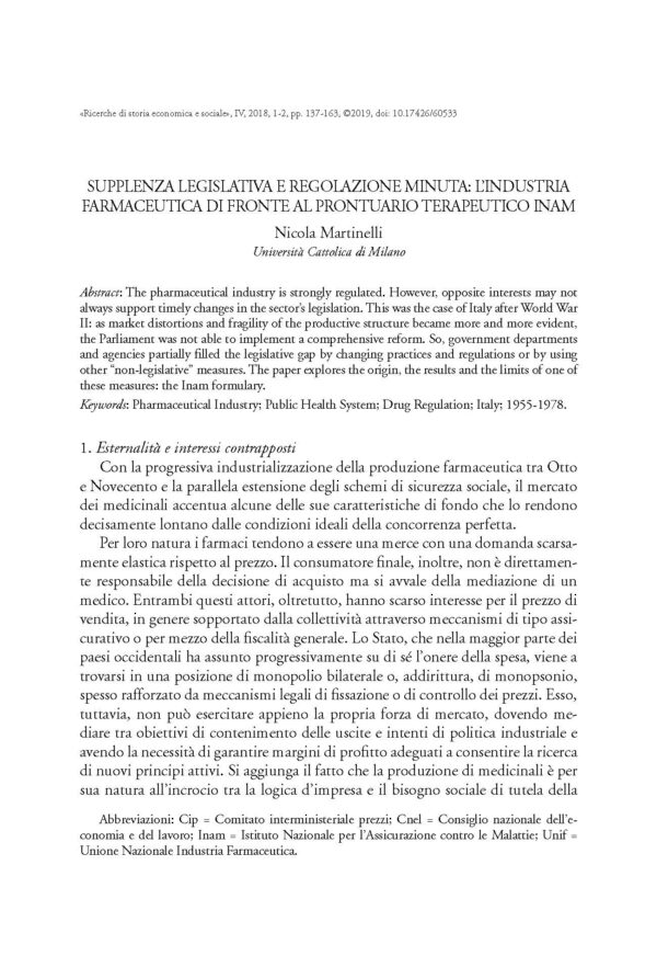 Supplenza legislativa e regolazione minuta: l’industria farmaceutica di fronte al prontuario terapeutico Inam