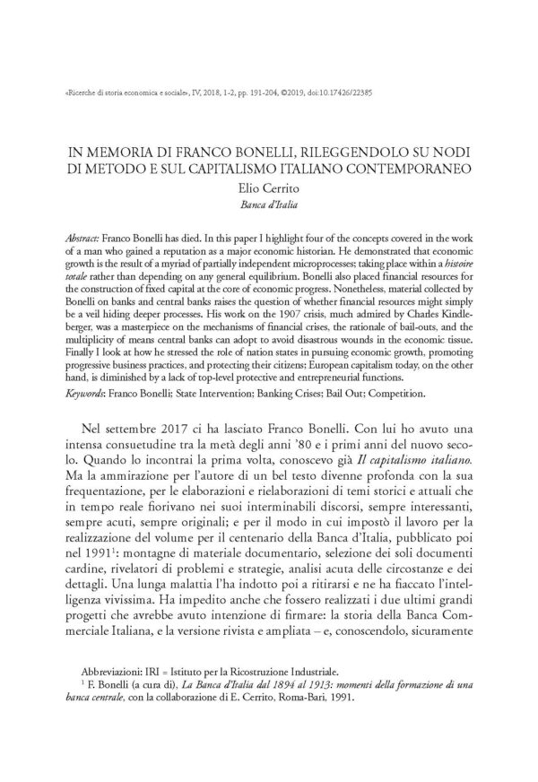 In memoria di Franco Bonelli, rileggendolo su nodi di metodo e sul capitalismo italiano contemporaneo