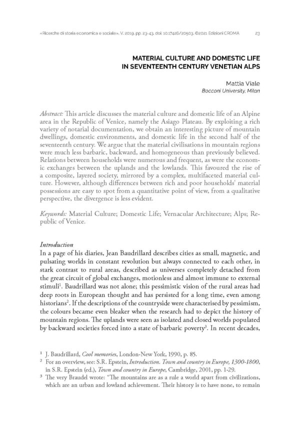 Material culture and domestic life in seventeenth century Venetian Alps