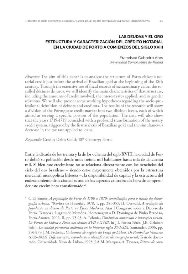 Las deudas y el oro: estructura y caracterización del crédito notarial en la ciudad de Porto a comienzos del siglo XVIII
