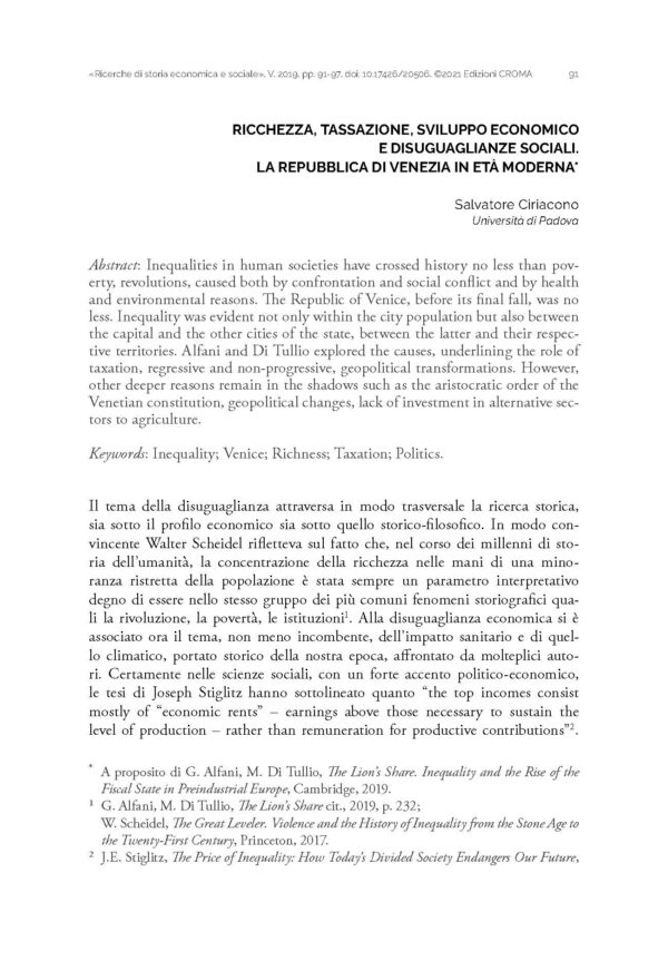 Ricchezza, tassazione, sviluppo economico e disuguaglianze sociali. La repubblica di Venezia in età moderna