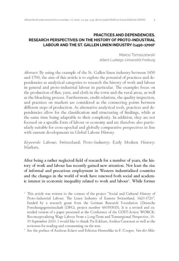 Practices and Dependencies. Research Perspectives on the History of Proto-Industrial Labour and the St. Gallen Linen Industry (1450-1700)