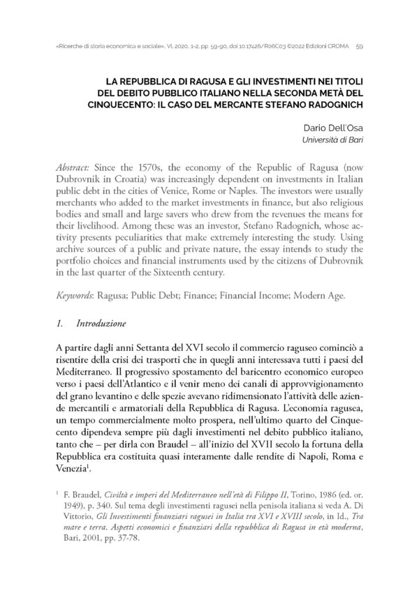 La Repubblica di Ragusa e gli investimenti nei titoli del debito pubblico italiano nella seconda metà del Cinquecento: il caso del mercante Stefano Radognich Copia