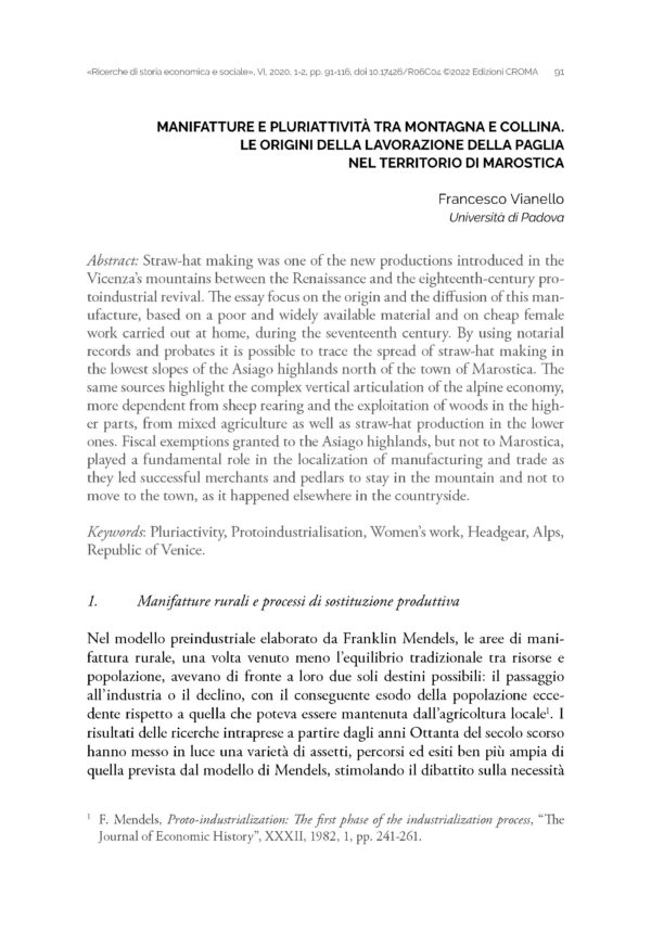 Manifatture e pluriattività tra montagna e collina. Le origini della lavorazione della paglia nel territorio di Marostica