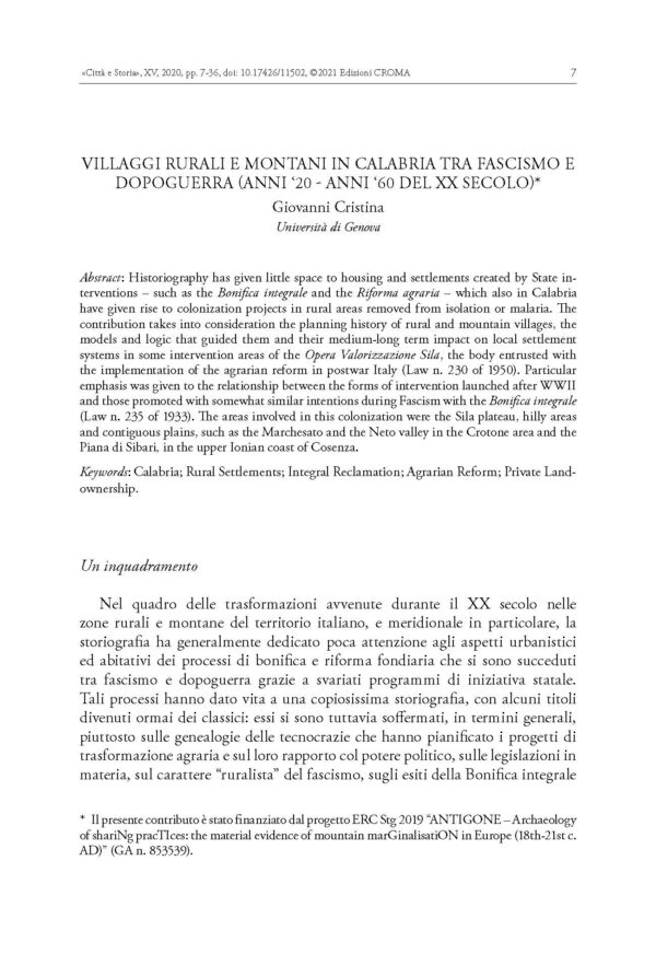 Villaggi rurali e montani in Calabria tra fascismo e dopoguerra (anni ‘20- anni ‘60 del XX secolo)
