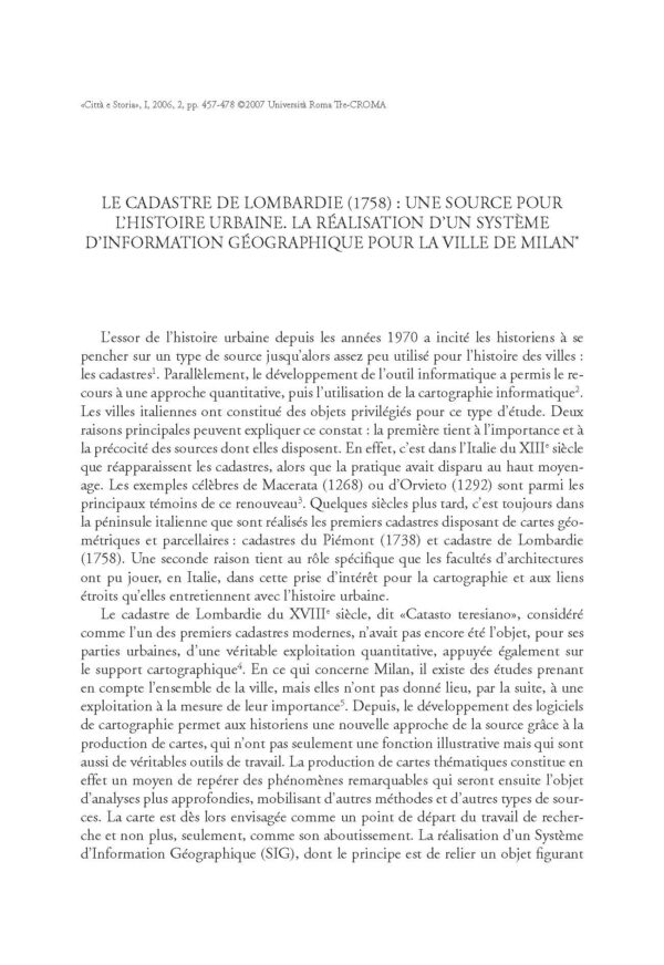 Le cadastre de Lombardie (1758) : une source pour l’histoire urbaine. La réalisation d’un système d’information géographique pour la ville de Milan