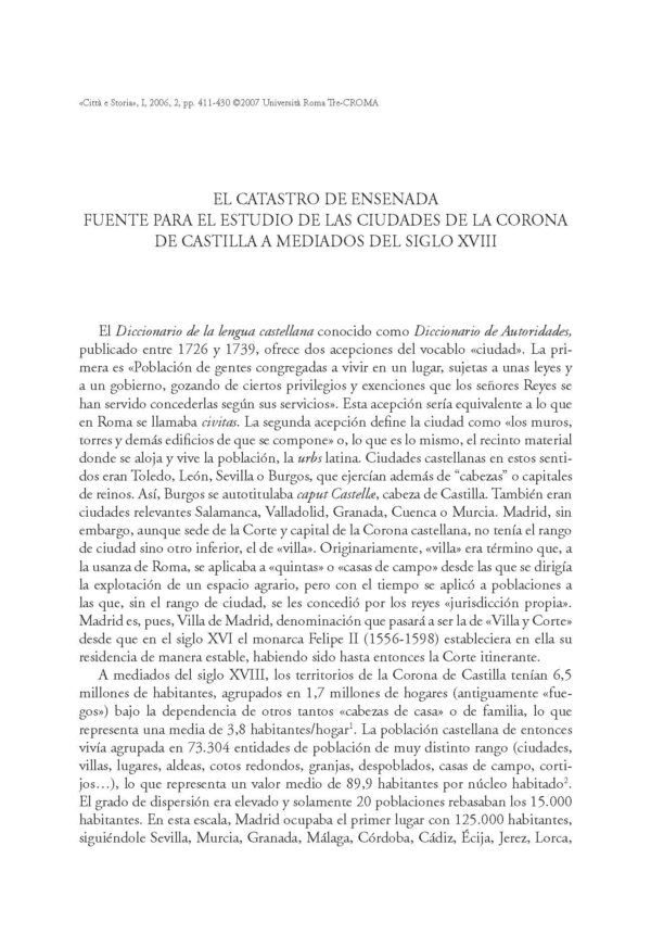 El catastro de Ensenada, fuente para el estudio de las ciudades de la Corona de Castilla a mediados del siglo XVIII
