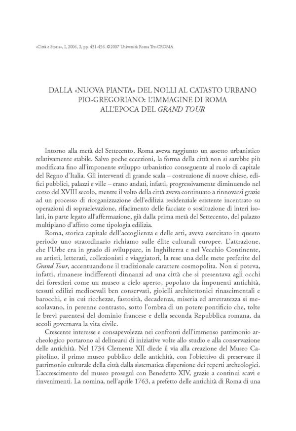 Dalla «Nuova Pianta» del Nolli al Catasto Pio-Gregoriano: l’immagine di Roma all’epoca del Grand Tour
