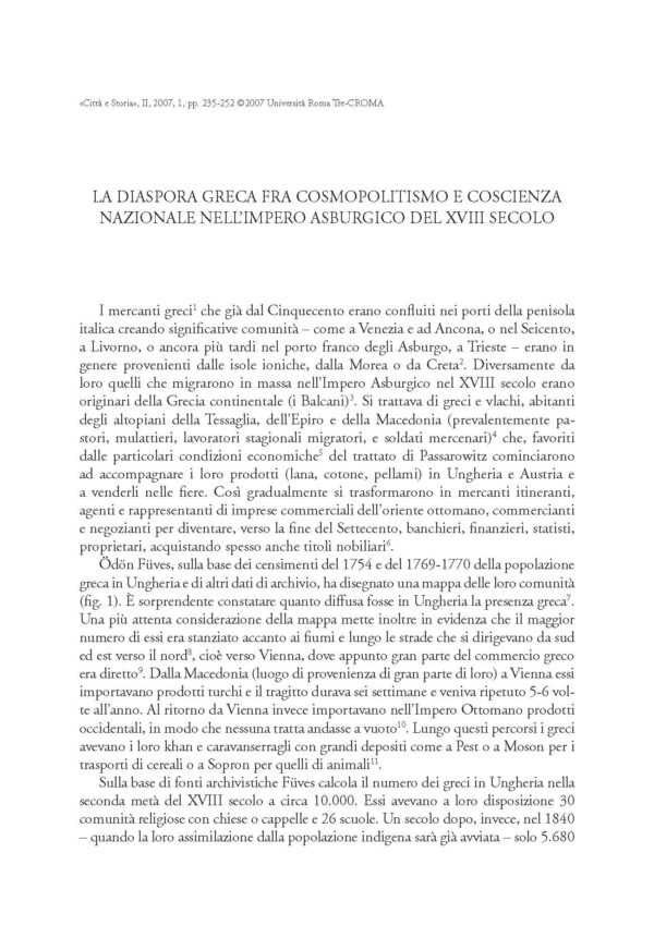 La diaspora greca fra cosmopolitismo e coscienza nazionale nell'impero asburgico del XVIII secolo