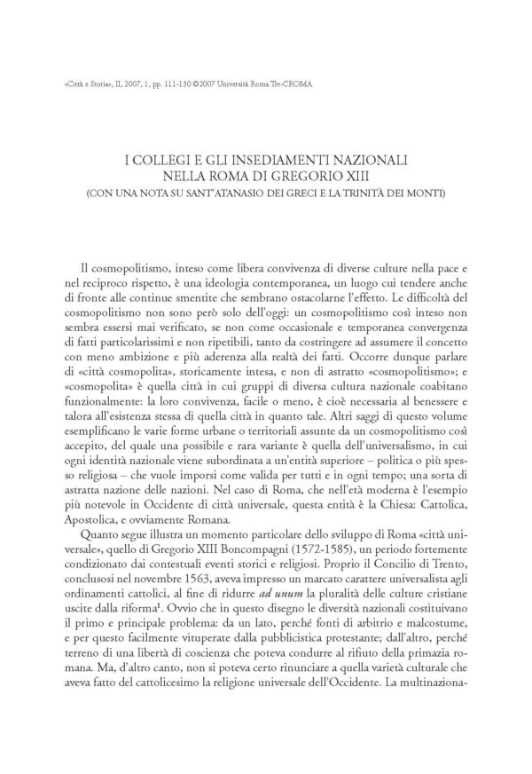 I collegi e gli insediamenti nazionali nella Roma di Gregorio XIII (con una nota su Sant'Atanasio dei Greci e la Trinità dei Monti)