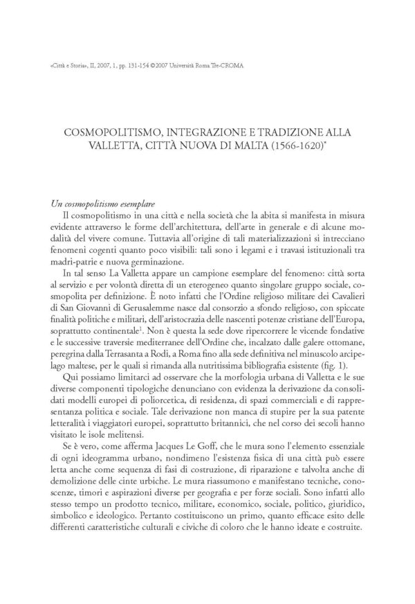 Cosmopolitismo, integrazione e tradizione alla Valletta, città nuova di Malta (1566-1620)