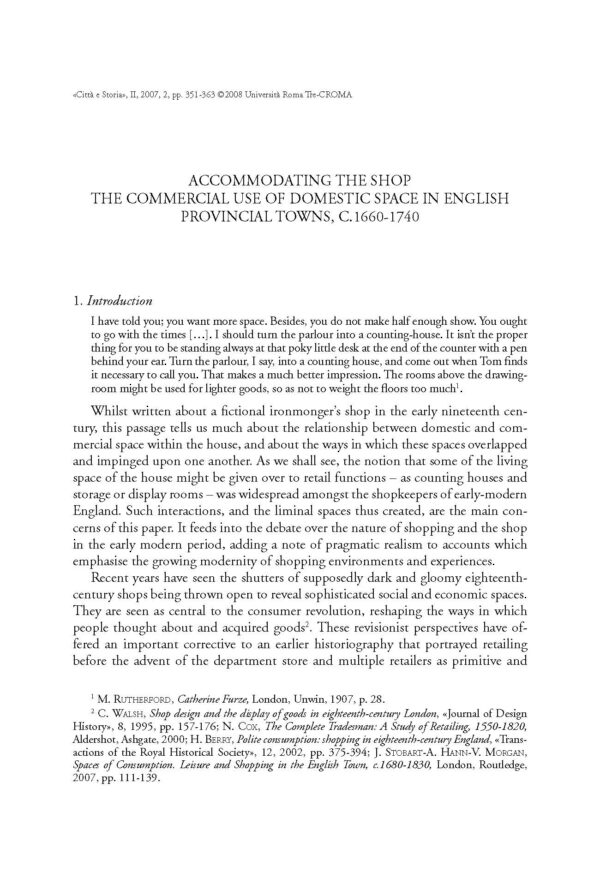 Accommodating the shop: the commercial use of domestic space in English provincial towns, c. 1660-1740