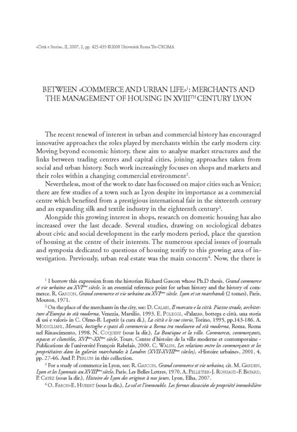 Between «commerce and urban life»: merchants and the management of housing in XVIIIth century Lyon