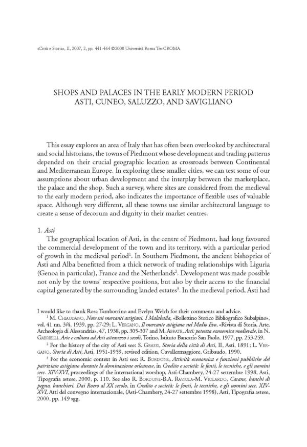 Shops and palaces in the Early Modern period: Asti, Cuneo, Saluzzo and Savigliano