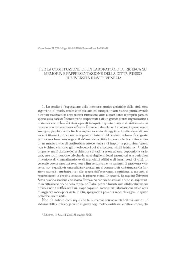 Per la costituzione di un laboratorio di ricerca su memoria e rappresentazione della città presso l'Università Iuav di Venezia