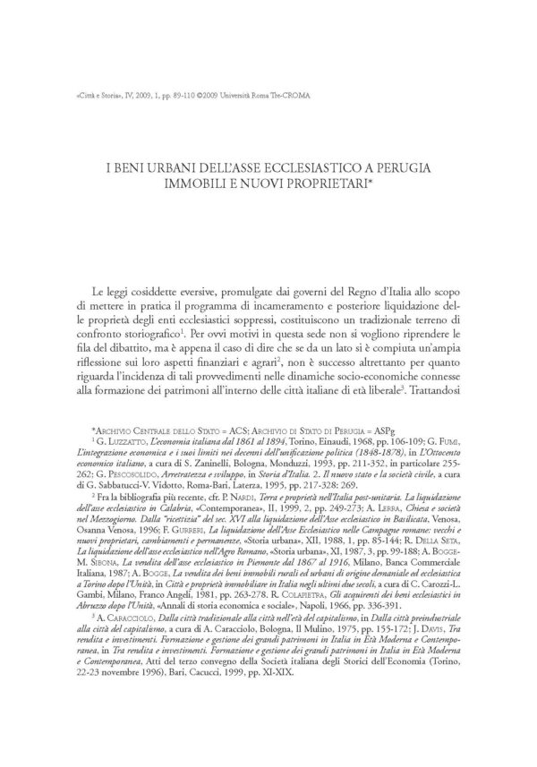 I beni urbani dell'asse ecclesiastico a Perugia: immobili e nuovi proprietari