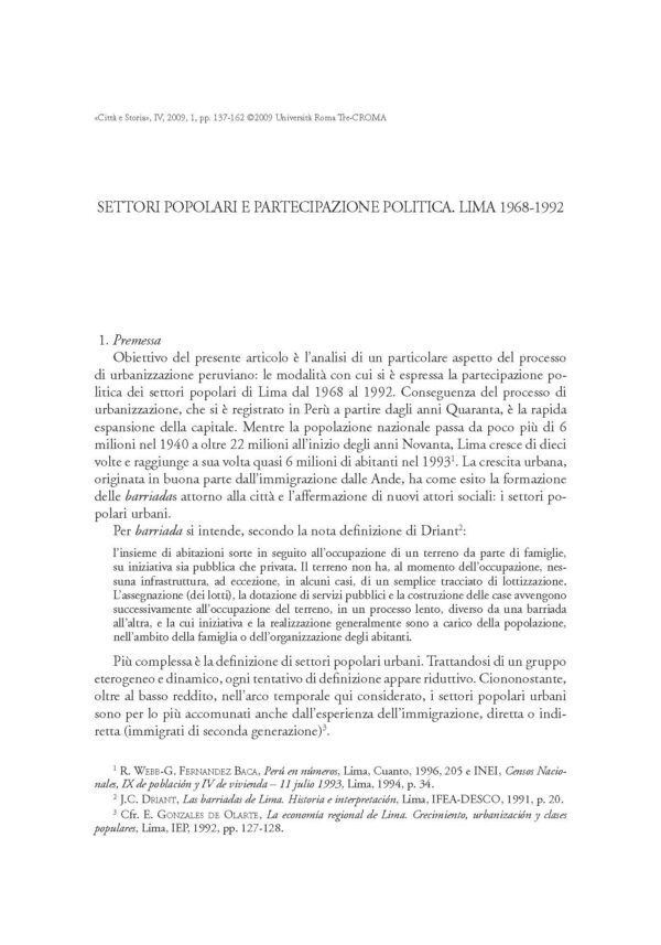Settori popolari e partecipazione politica. Lima 1968-1992