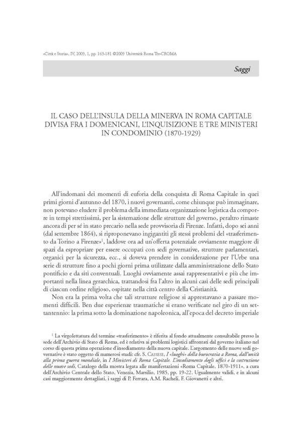 Il caso dell'Insula della Minerva in Roma capitale, divisa fra i domenicani, l'Inquisizione e tre ministeri in condominio (1870-1929)