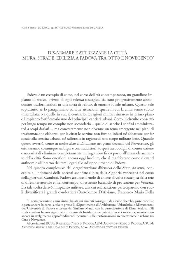 Dis-armare e attrezzare la città: mura, strade, edilizia a Padova tra Otto e Novecento