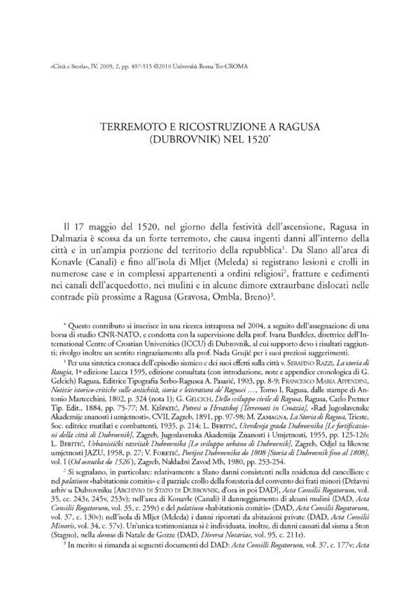 Terremoto e ricostruzione a Ragusa (Dubrovnik) nel 1520