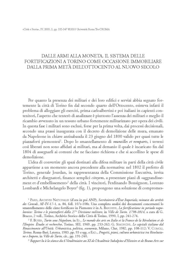 Dalle armi alla moneta. Il sistema delle fortificazioni a Torino come occasione immobiliare dalla prima metà dell'Ottocento al nuovo secolo