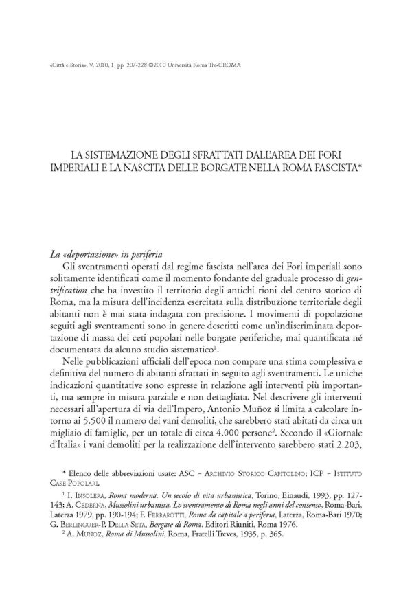 La sistemazione degli sfrattati dall'area dei Fori Imperiali e la nascita delle borgate nella Roma fascista