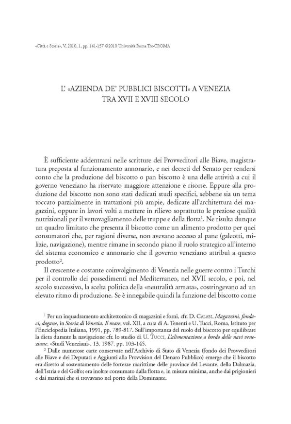 L'«azienda de’ pubblici biscotti» a Venezia tra XVII e XVIII secolo